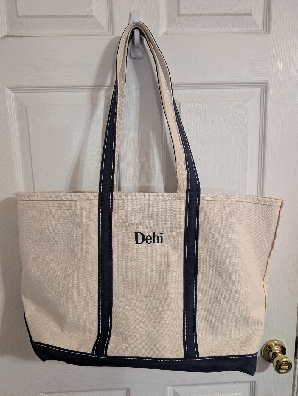 L.L. Bean Boat Tote Ivory Blue Canvas Heavy Duty Shoulder Tote Bag